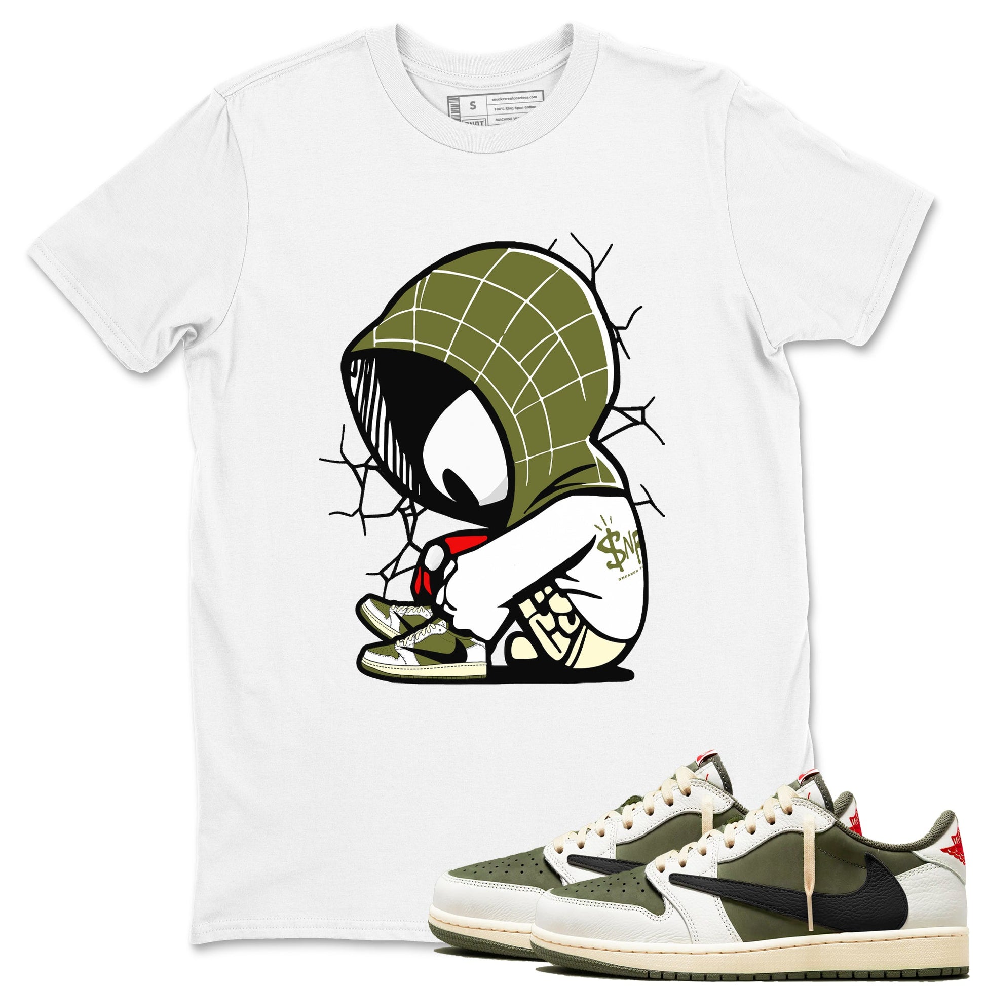 1s Travis Scott Medium Olive shirts to match jordans Baby Spider sneaker match tees Air Jordan 1 Travis Scott Medium Olive SNRT Sneaker Tees streetwear brand White 1 unisex cotton tee