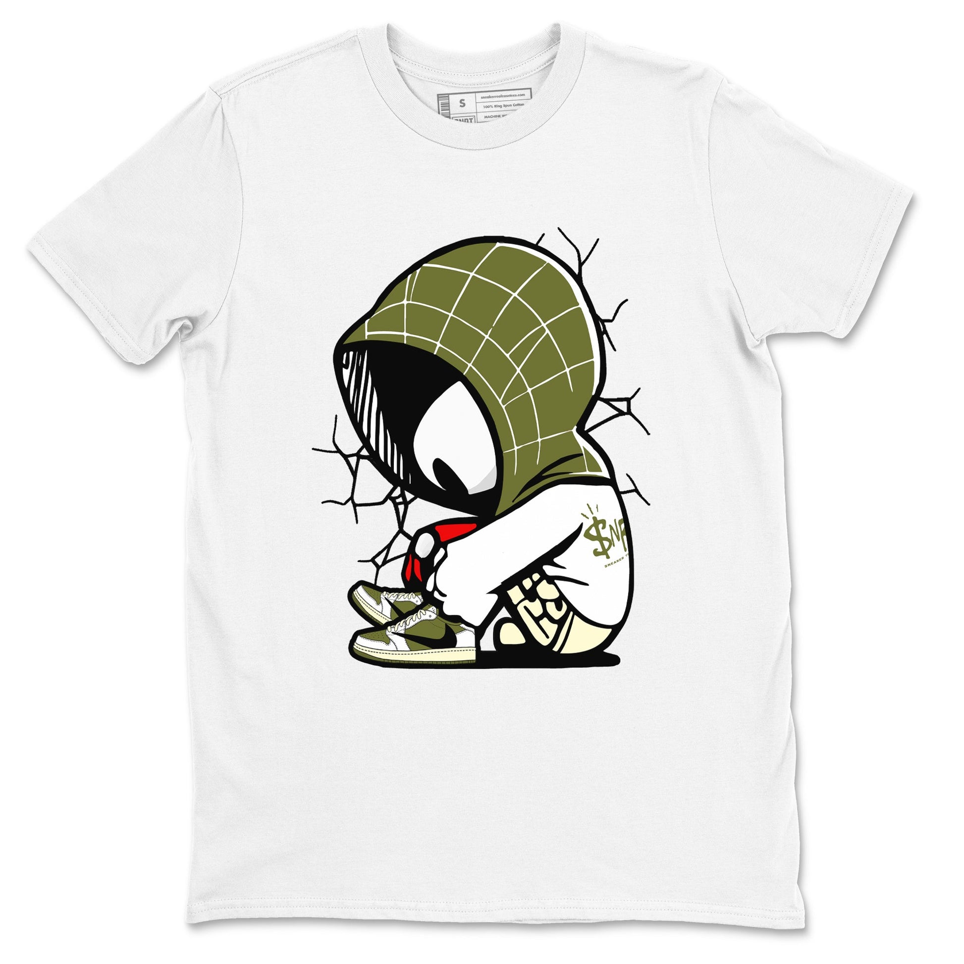 1s Travis Scott Medium Olive shirts to match jordans Baby Spider sneaker match tees Air Jordan 1 Travis Scott Medium Olive SNRT Sneaker Tees streetwear brand White 2 unisex cotton tee