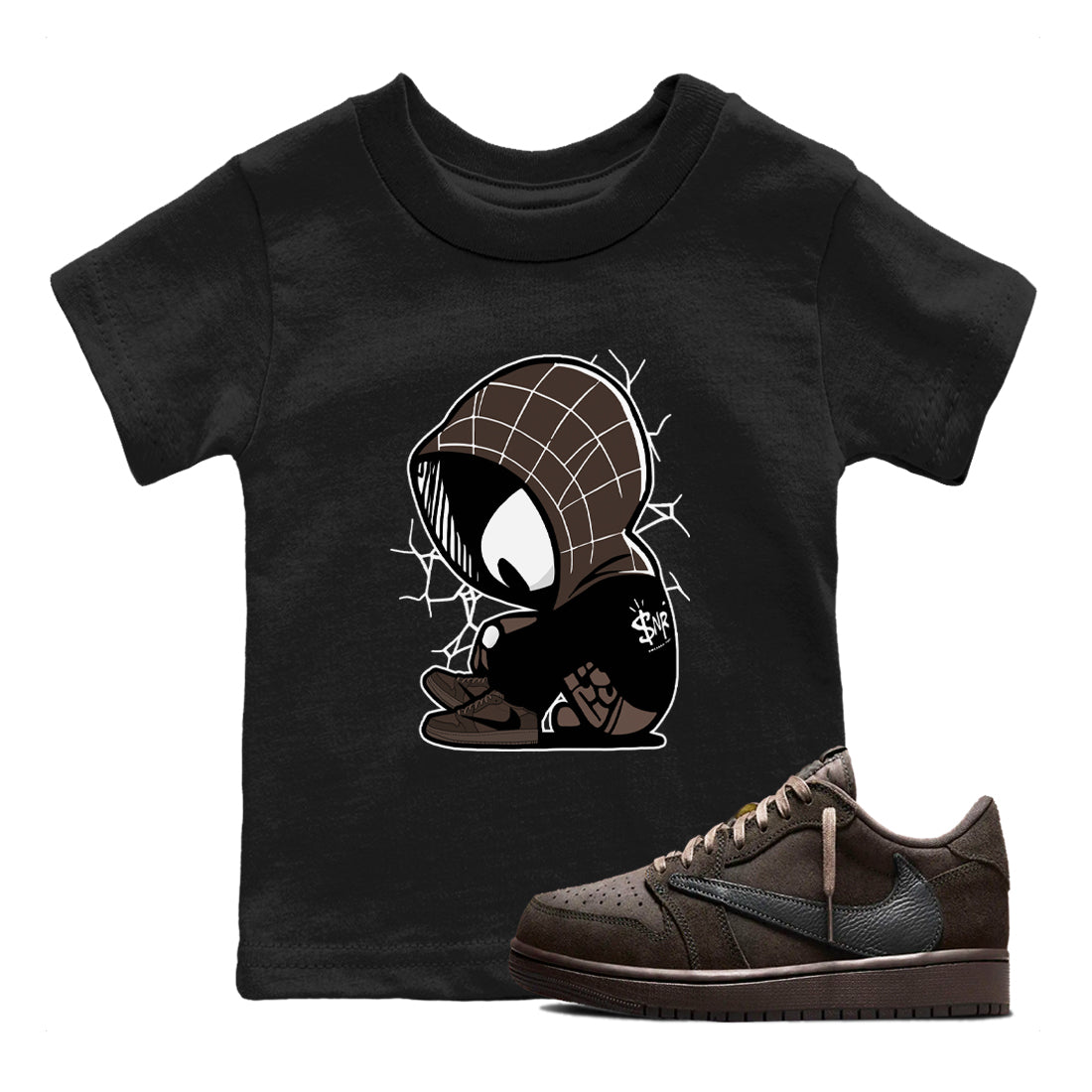 1s Travis Scott Velvet Brown shirts to match jordans Baby Spider best t shirts to wear with jordans Travis Scott x Air Jordan 1 Low OG Velvet Brown match shoes to clothes SNRT Sneaker Tees Youth Baby Black 1 tee