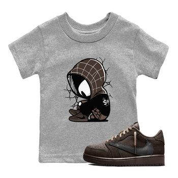 1s Travis Scott Velvet Brown shirts to match jordans Baby Spider best t shirts to wear with jordans Travis Scott x Air Jordan 1 Low OG Velvet Brown match shoes to clothes SNRT Sneaker Tees Youth Baby Heather Grey 1 tee