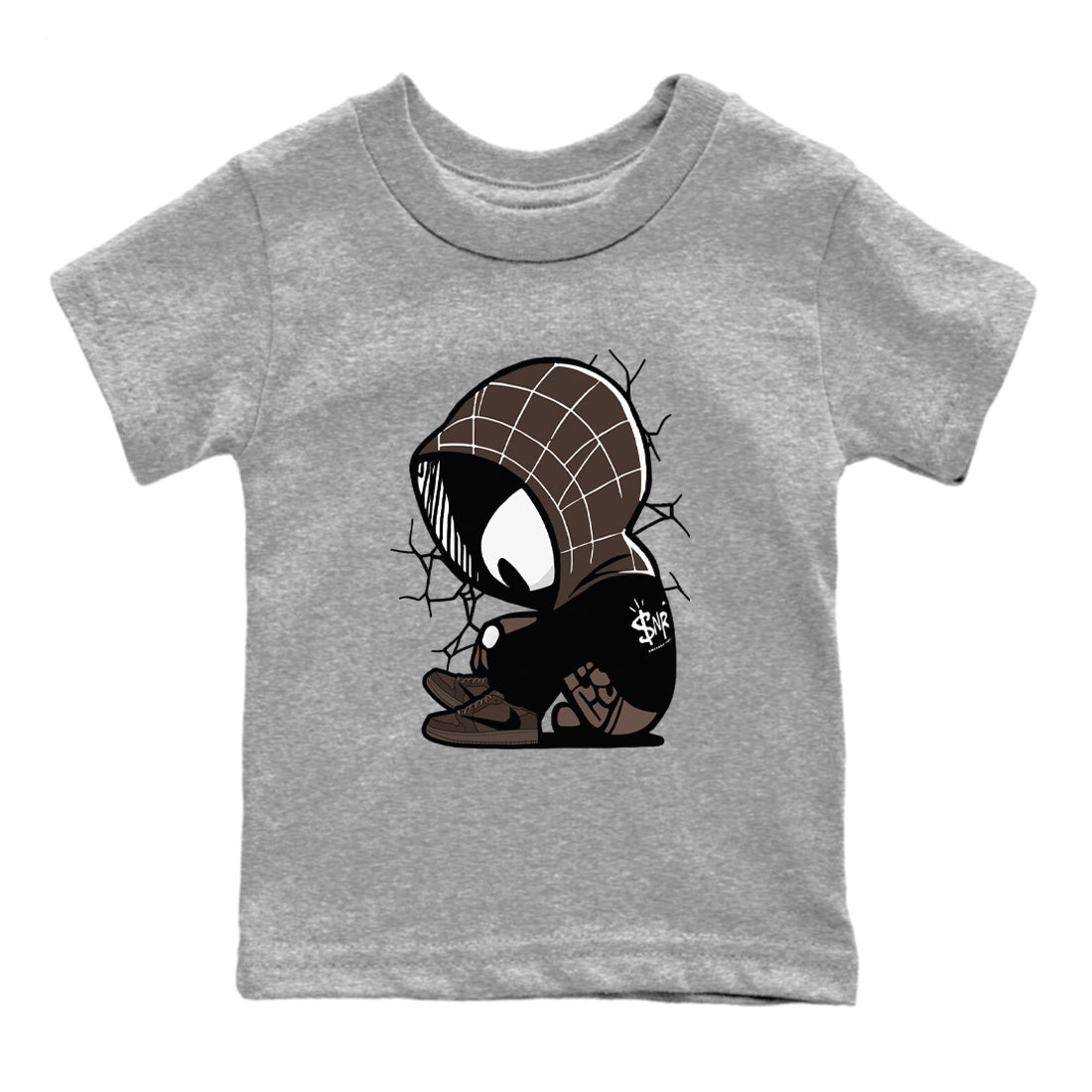 1s Travis Scott Velvet Brown shirts to match jordans Baby Spider best t shirts to wear with jordans Travis Scott x Air Jordan 1 Low OG Velvet Brown match shoes to clothes SNRT Sneaker Tees Youth Baby Heather Grey 2 tee
