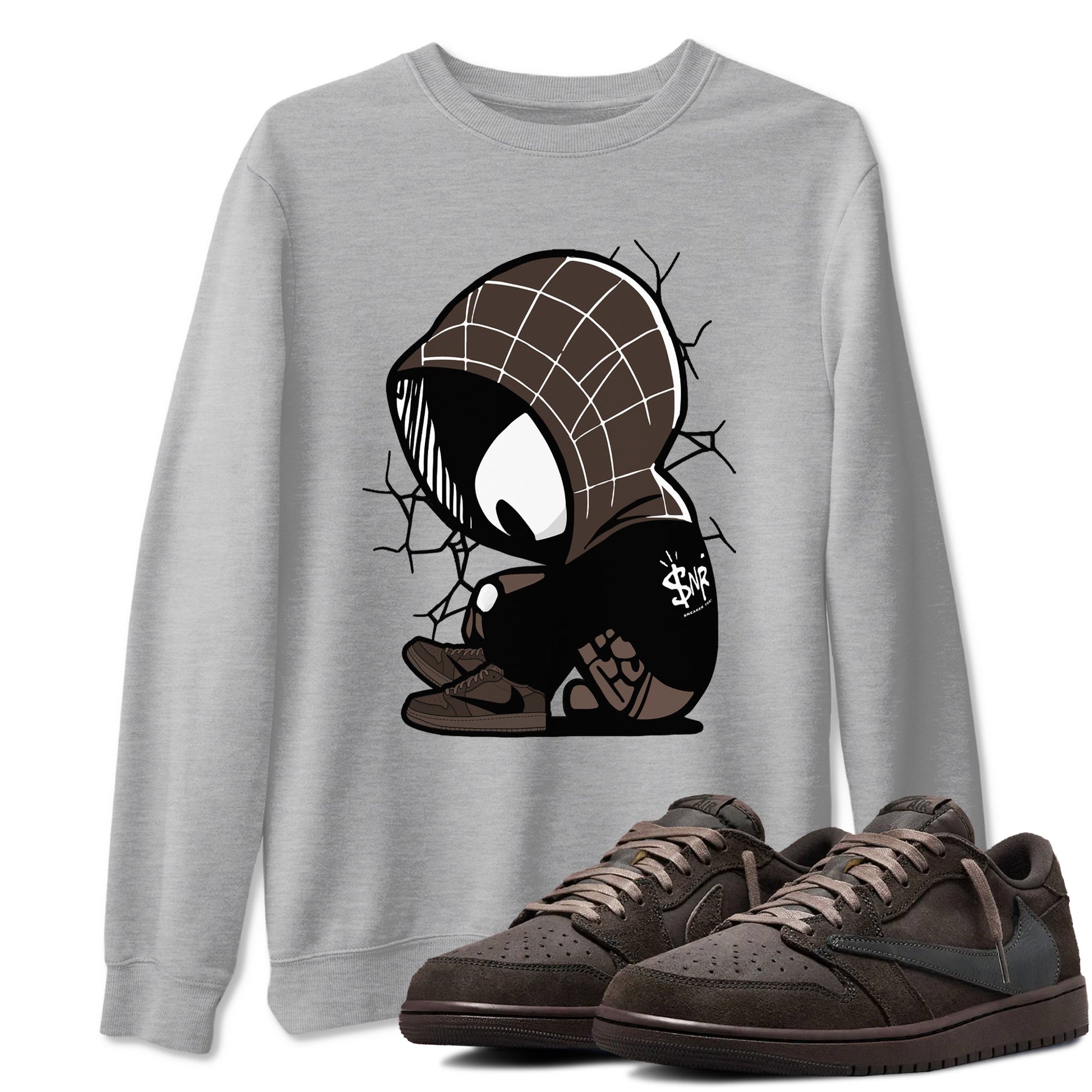 1s Travis Scott Velvet Brown shirts to match jordans Baby Spider best t shirts to wear with jordans Travis Scott x Air Jordan 1 Low OG Velvet Brown match shoes to clothes SNRT Sneaker Tees unisex cotton Heather Grey 1 shirts