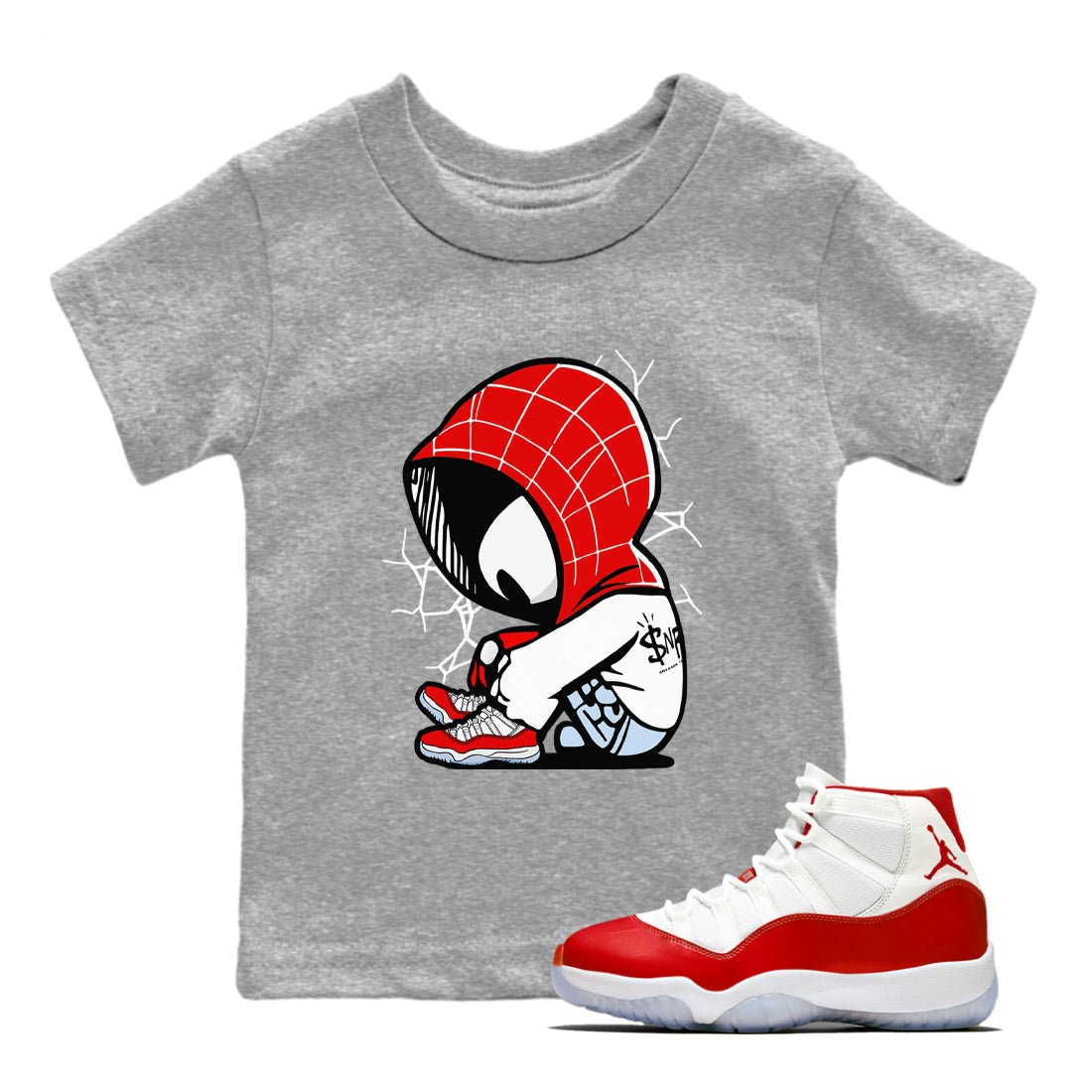 11s Cherry shirts to match jordans Baby Spider sneaker match tees Air Jordan 11 Retro Cherry match shoes to clothes SNRT Sneaker Tees Youth Baby Heather Grey 1 tee