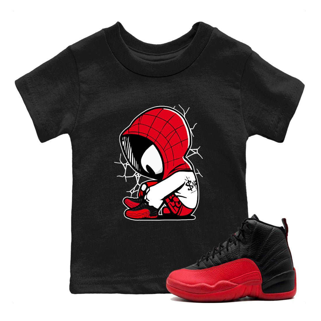 12s Flu Game shirts to match jordans Baby Spider sneaker match tees Air Jordan 12 Retro Flu Game match shoes to clothes SNRT Sneaker Tees Youth Baby Black 1 tee