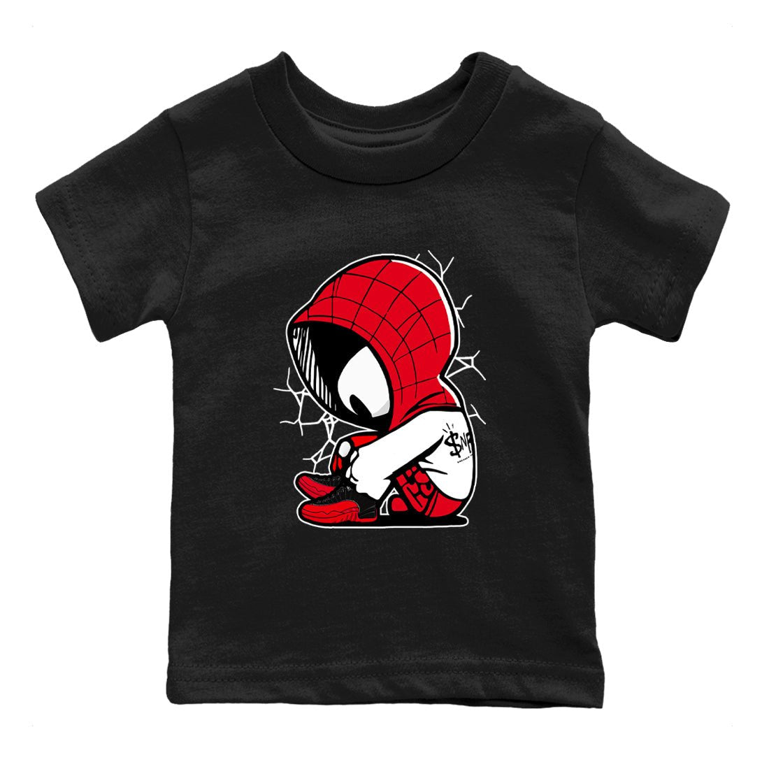 12s Flu Game shirts to match jordans Baby Spider sneaker match tees Air Jordan 12 Retro Flu Game match shoes to clothes SNRT Sneaker Tees Youth Baby Black 2 tee