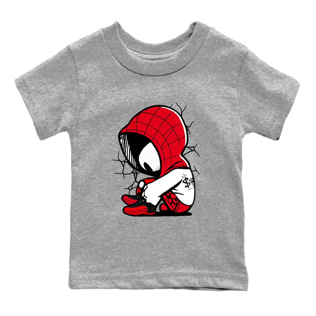 12s Flu Game shirts to match jordans Baby Spider sneaker match tees Air Jordan 12 Retro Flu Game match shoes to clothes SNRT Sneaker Tees Youth Baby Heather Grey 2 tee