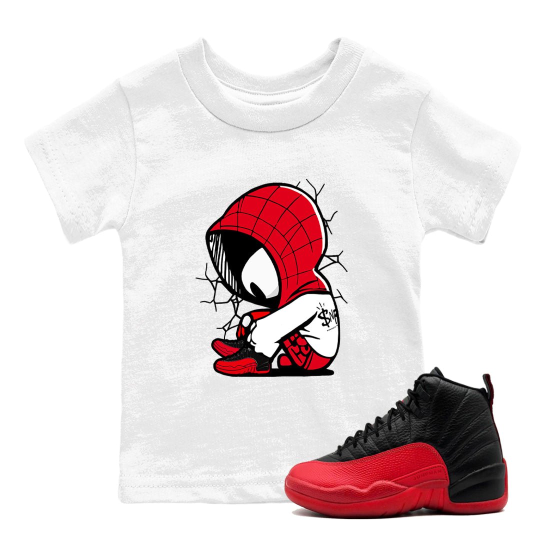 12s Flu Game shirts to match jordans Baby Spider sneaker match tees Air Jordan 12 Retro Flu Game match shoes to clothes SNRT Sneaker Tees Youth Baby White 1 tee