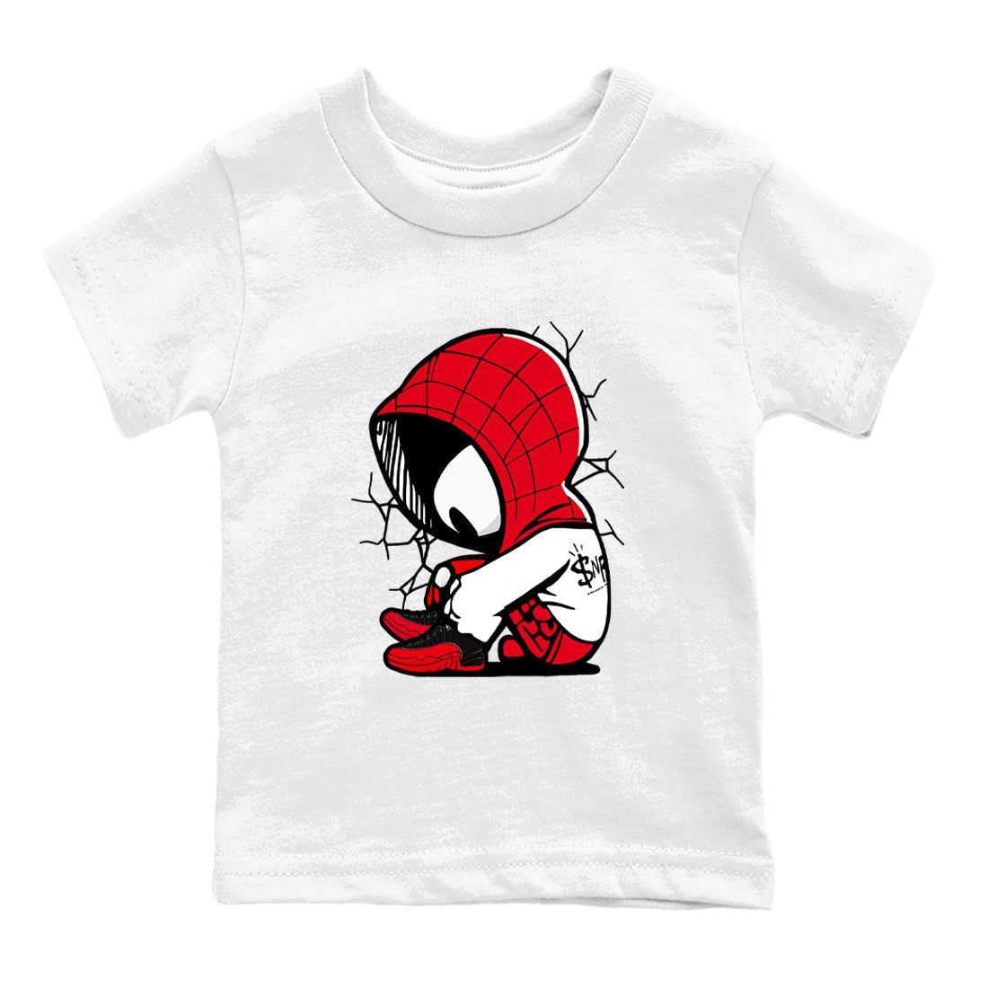 12s Flu Game shirts to match jordans Baby Spider sneaker match tees Air Jordan 12 Retro Flu Game match shoes to clothes SNRT Sneaker Tees Youth Baby White 2 tee