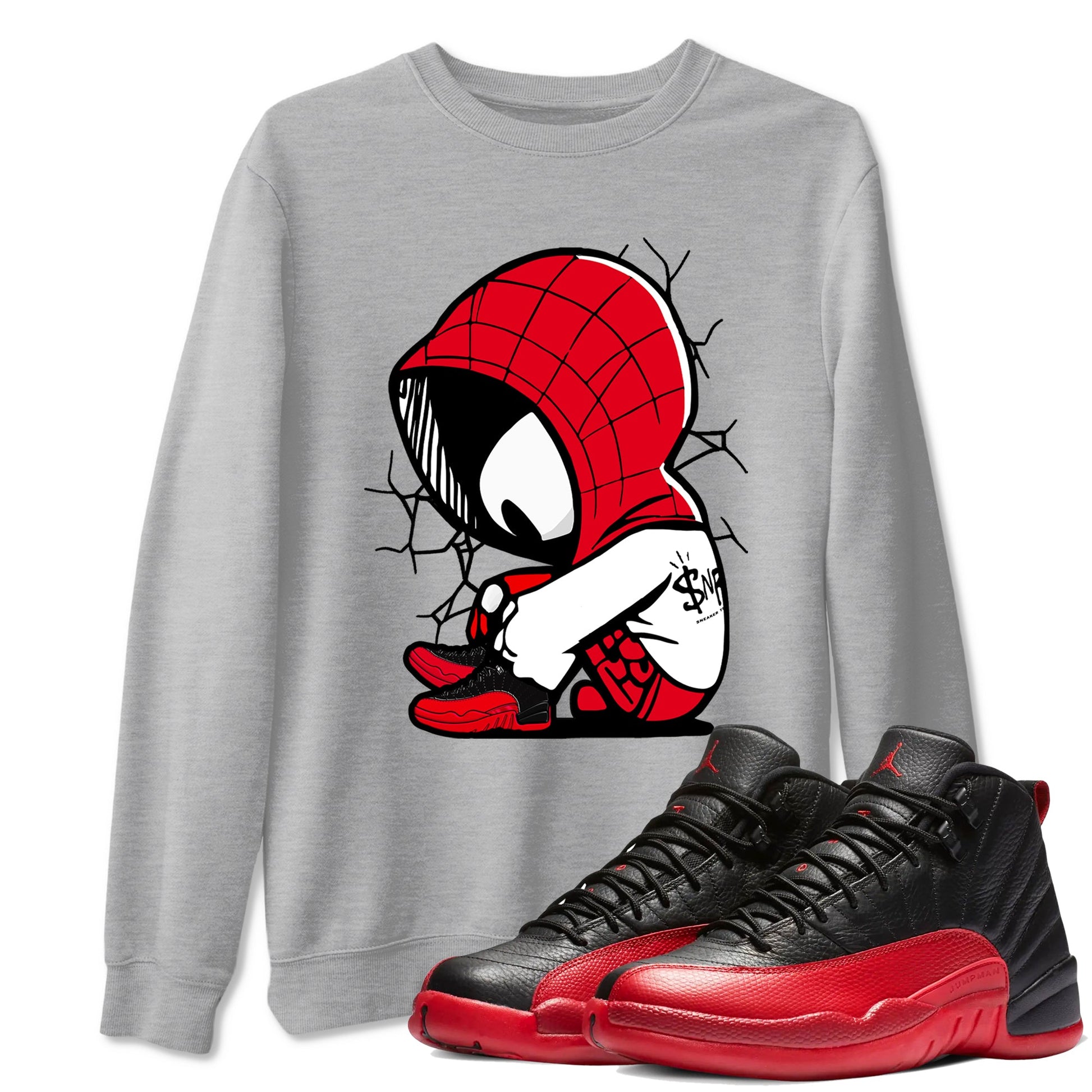 12s Flu Game shirts to match jordans Baby Spider sneaker match tees Air Jordan 12 Retro Flu Game match shoes to clothes SNRT Sneaker Tees unisex cotton Heather Grey 1 shirts