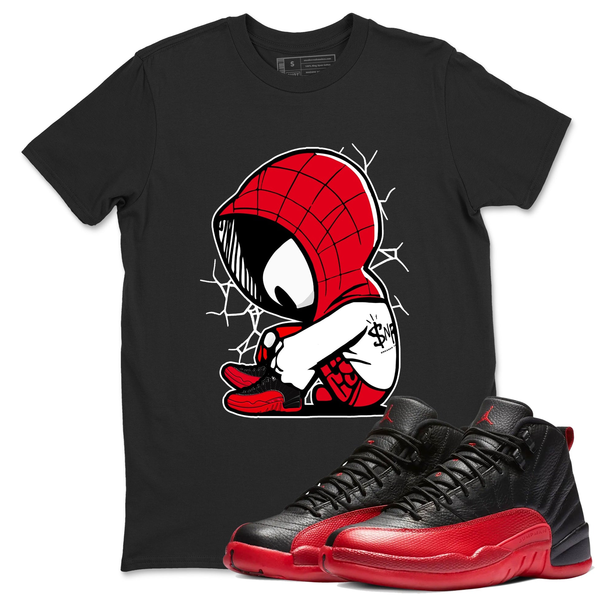 12s Flu Game shirts to match jordans Baby Spider sneaker match tees Air Jordan 12 Retro Flu Game match shoes to clothes SNRT Sneaker Tees unisex cotton Black 1 shirts
