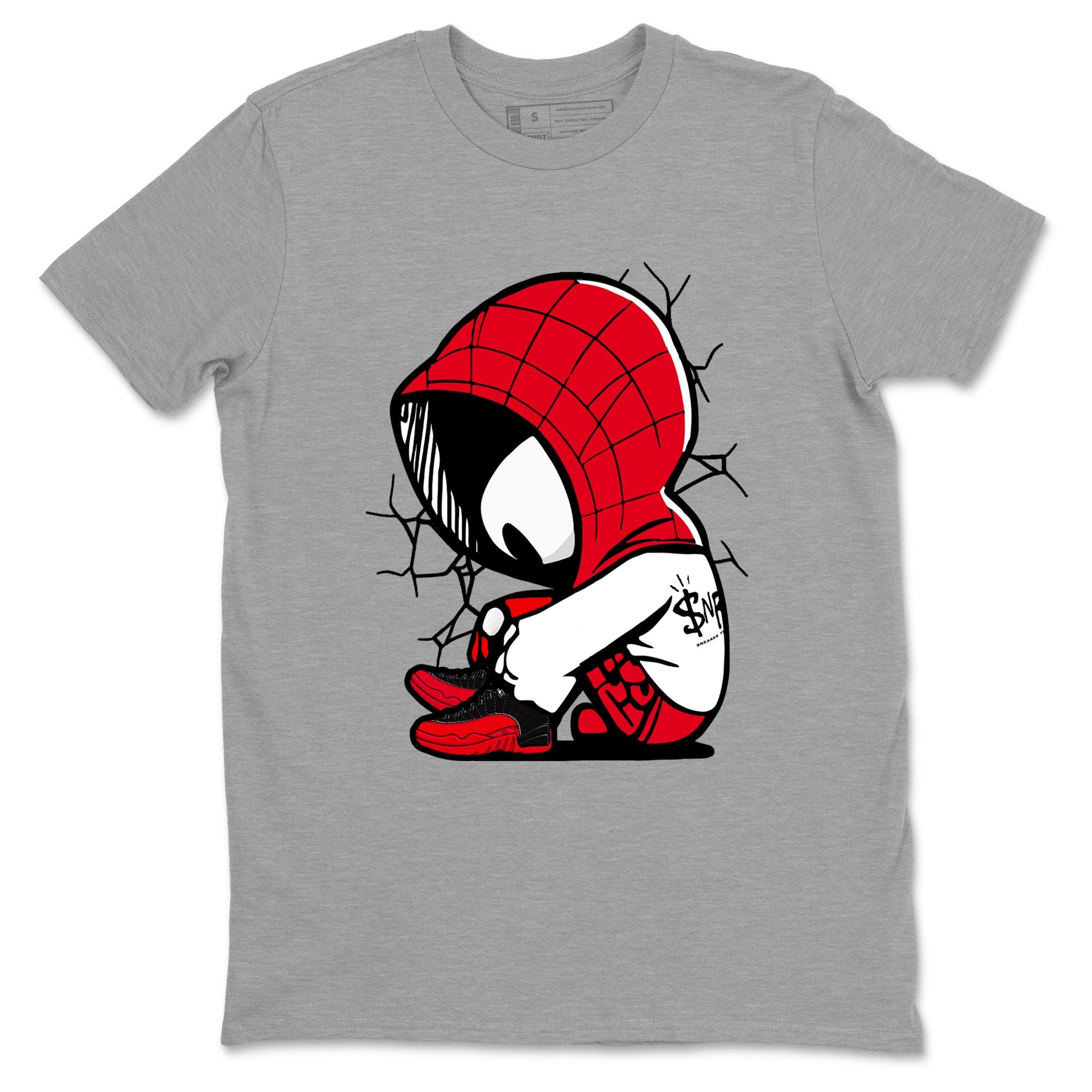 12s Flu Game shirts to match jordans Baby Spider sneaker match tees Air Jordan 12 Retro Flu Game match shoes to clothes SNRT Sneaker Tees unisex cotton Heather Grey 2 shirts