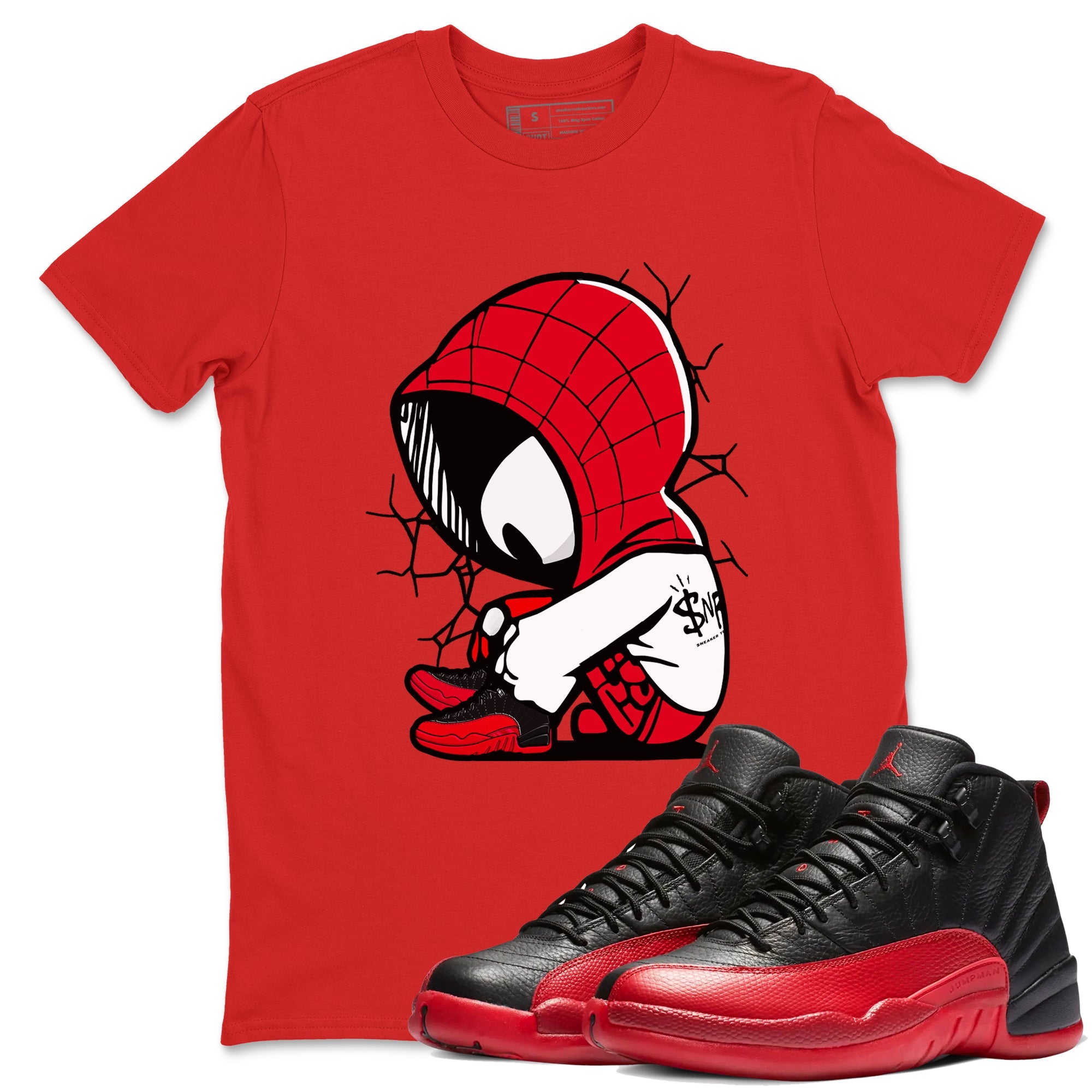 12s Flu Game shirts to match jordans Baby Spider sneaker match tees Air Jordan 12 Retro Flu Game match shoes to clothes SNRT Sneaker Tees unisex cotton Red 1 shirts