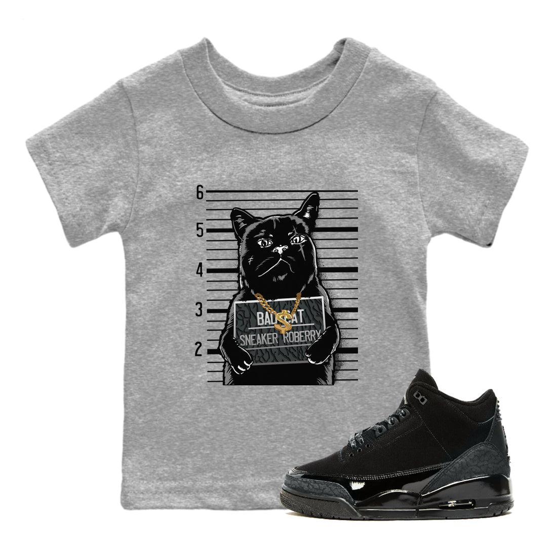 Air Jordan 3 Black Cat shirts to match jordans Bad Cat sneaker match tees Jordan 3 Retro Black Cat best t shirts to wear with jordans SNRT Sneaker Tees Youth Baby Heather Grey 1 tee