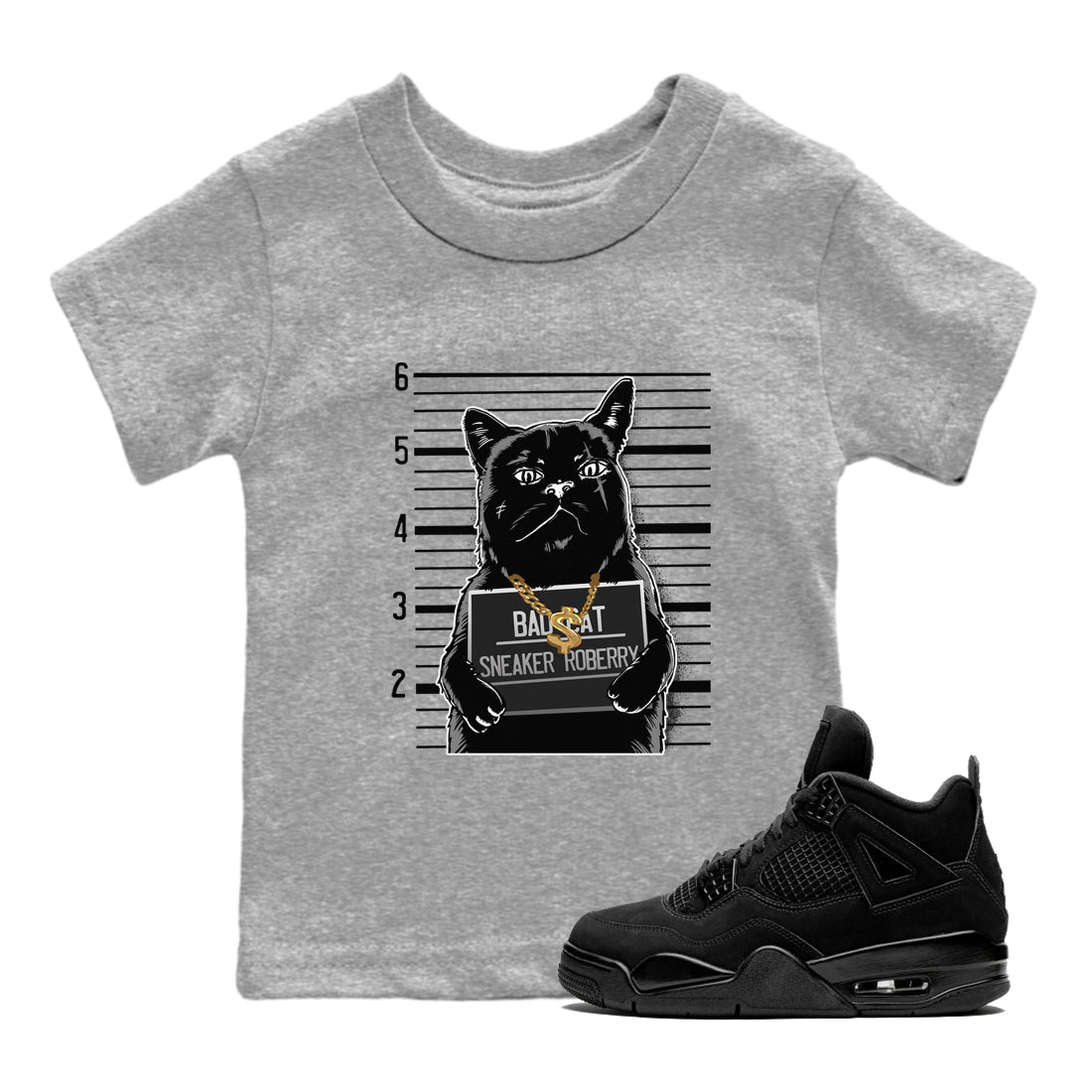 4s Black Cat shirts to match jordans Bad Cat sneaker match tees Air Jordan 4 Black Cat match shoes to clothes SNRT Sneaker Tees Youth Baby Heather Grey 1 tee