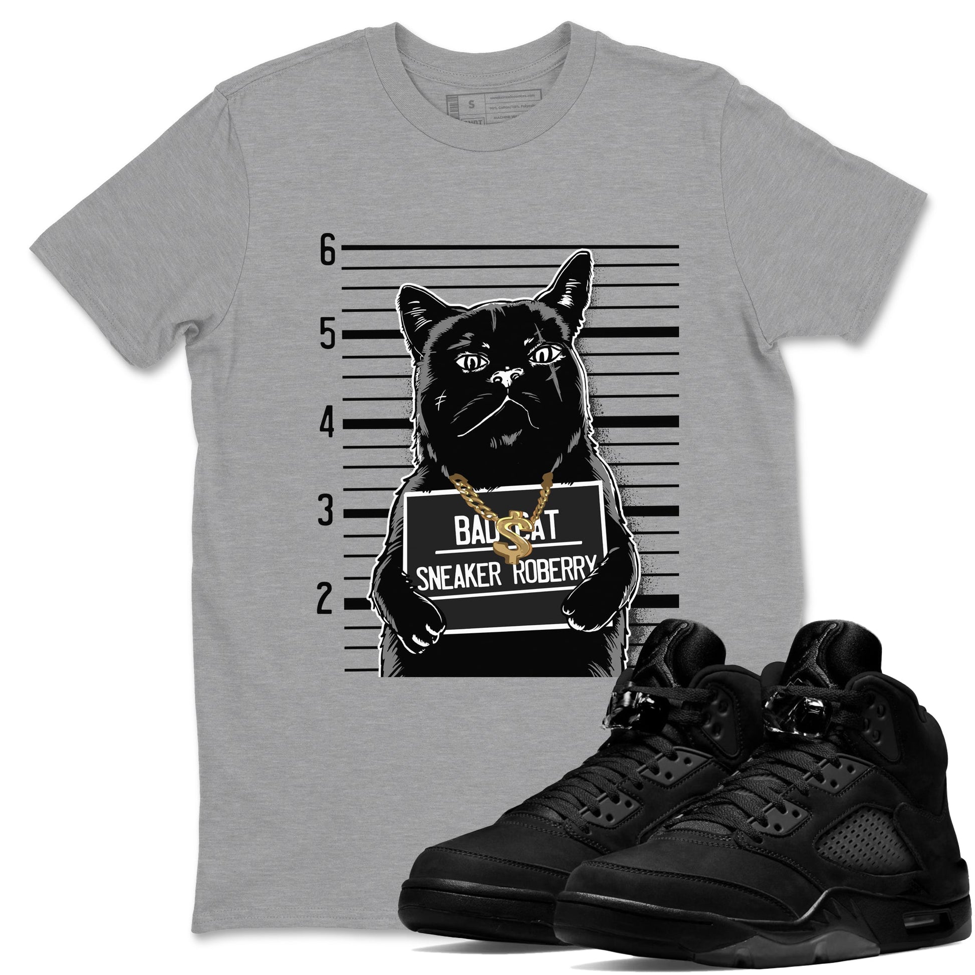 5s Black Cat shirts to match jordans Bad Cat sneaker match tees Air Jordan 5 Black Cat match shoes to clothes SNRT Sneaker Tees unisex cotton Heather Grey 1 shirts