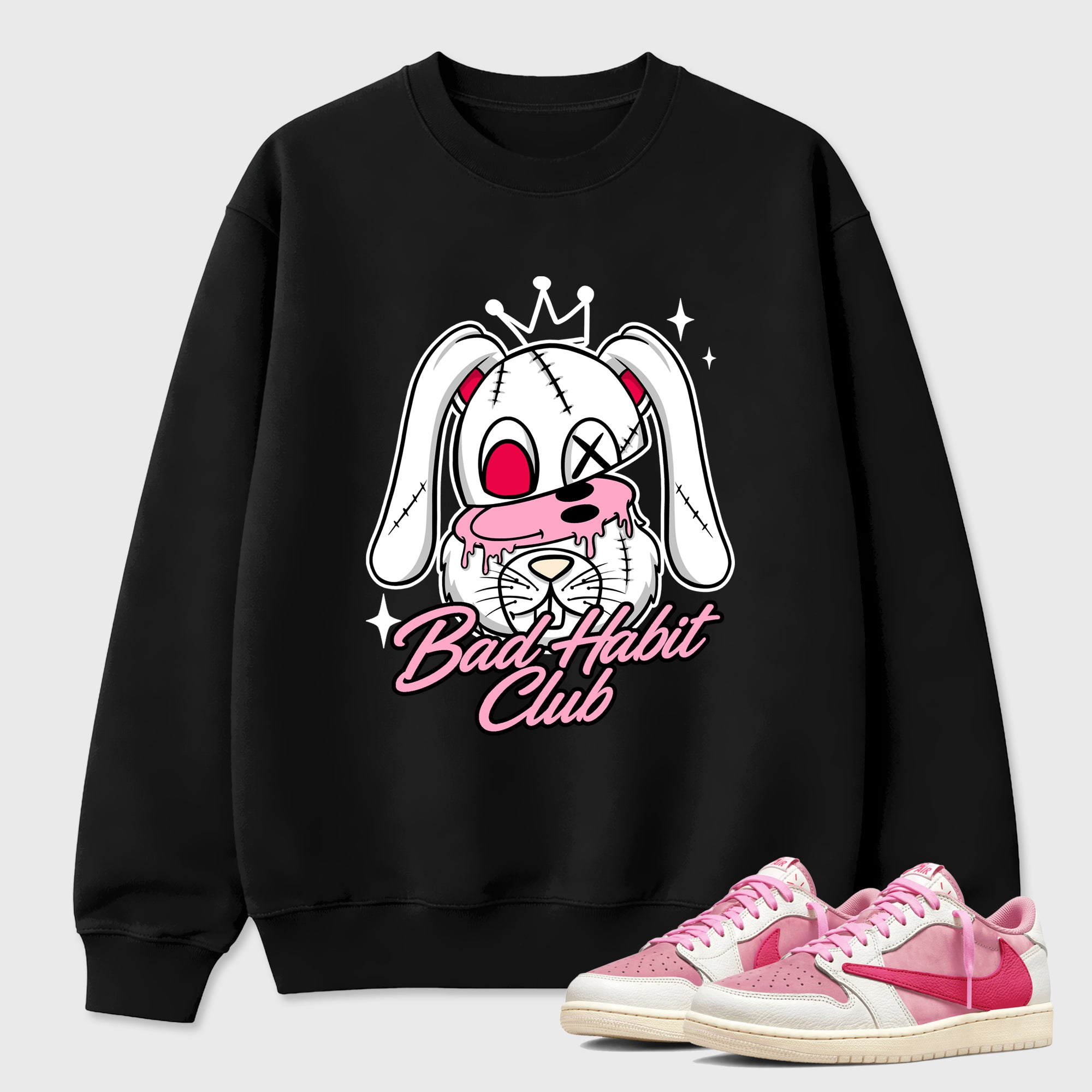 Perfect Sneakerhead Fashion Outfits – Sneaker Tees To Match Air Jordan 1 Low OG x Travis Scott Tropical Pink Shoes – Bad Habit Club Graphic Tee Black 1