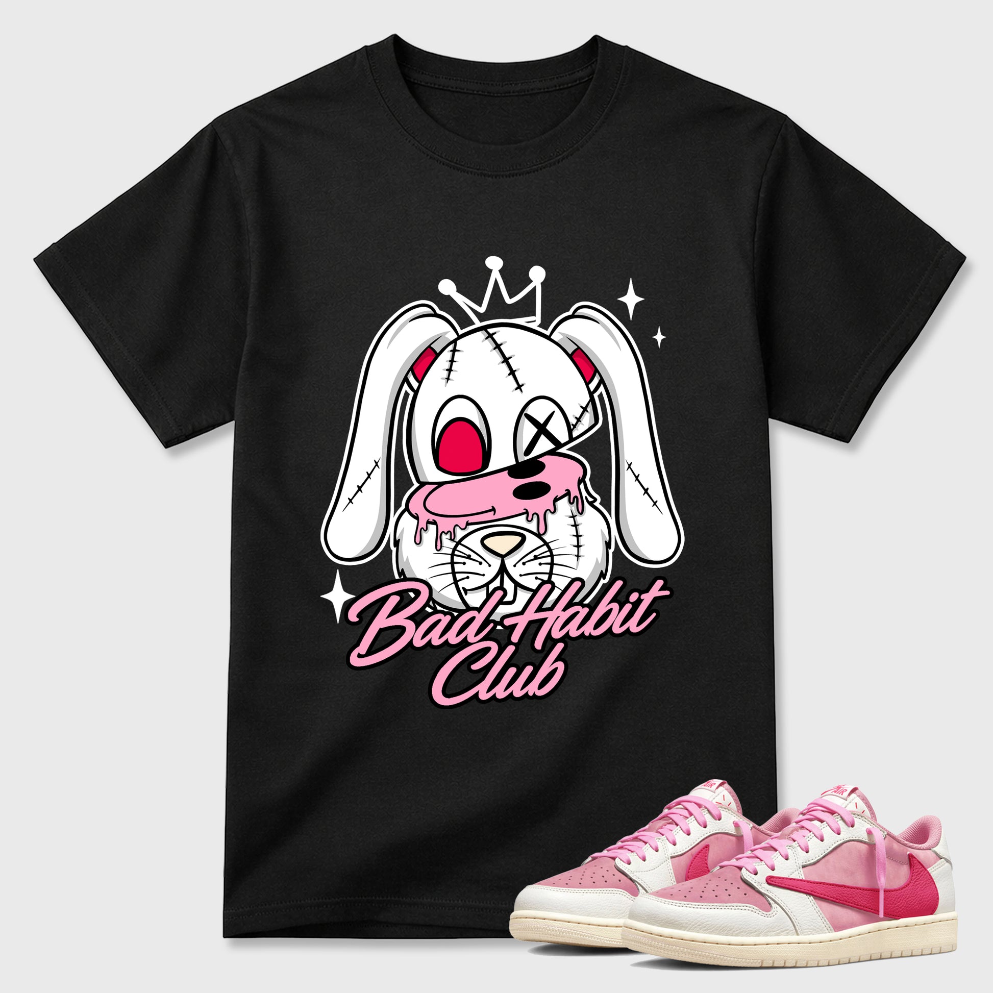Perfect Sneakerhead Fashion Outfits – Sneaker Tees To Match Air Jordan 1 Low OG x Travis Scott Tropical Pink Shoes – Bad Habit Club Graphic Tee Black 1