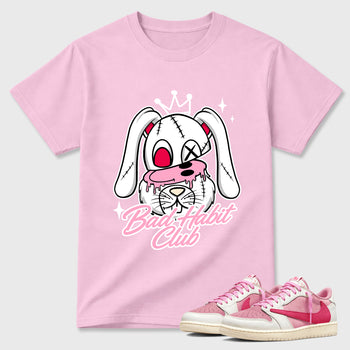 Perfect Sneakerhead Fashion Outfits – Sneaker Tees To Match Air Jordan 1 Low OG x Travis Scott Tropical Pink Shoes – Bad Habit Club Graphic Tee Pink 1