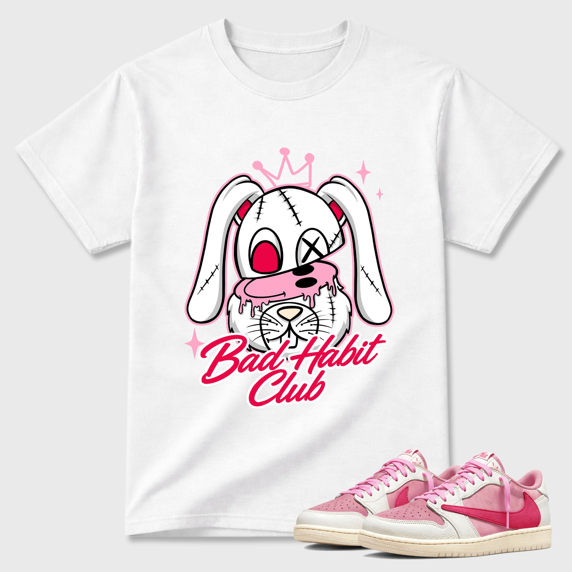 Perfect Sneakerhead Fashion Outfits – Sneaker Tees To Match Air Jordan 1 Low OG x Travis Scott Tropical Pink Shoes – Bad Habit Club Graphic Tee White 1