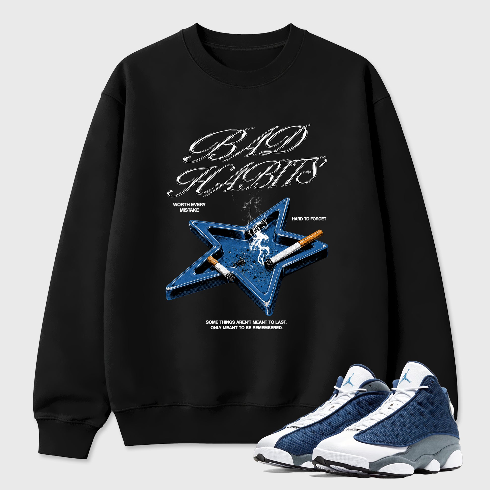 Bad Habits Graphic T-Shirt sneaker match tee designed for the Air Jordan 13 Flint, featuring coordinated color options for a perfect streetwear match. Black 1 shirt.