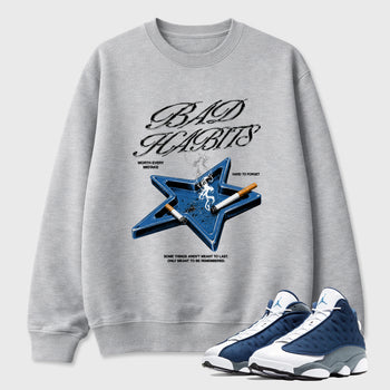 Bad Habits Graphic T-Shirt sneaker match tee designed for the Air Jordan 13 Flint, featuring coordinated color options for a perfect streetwear match. Heather Grey 1 shirt.