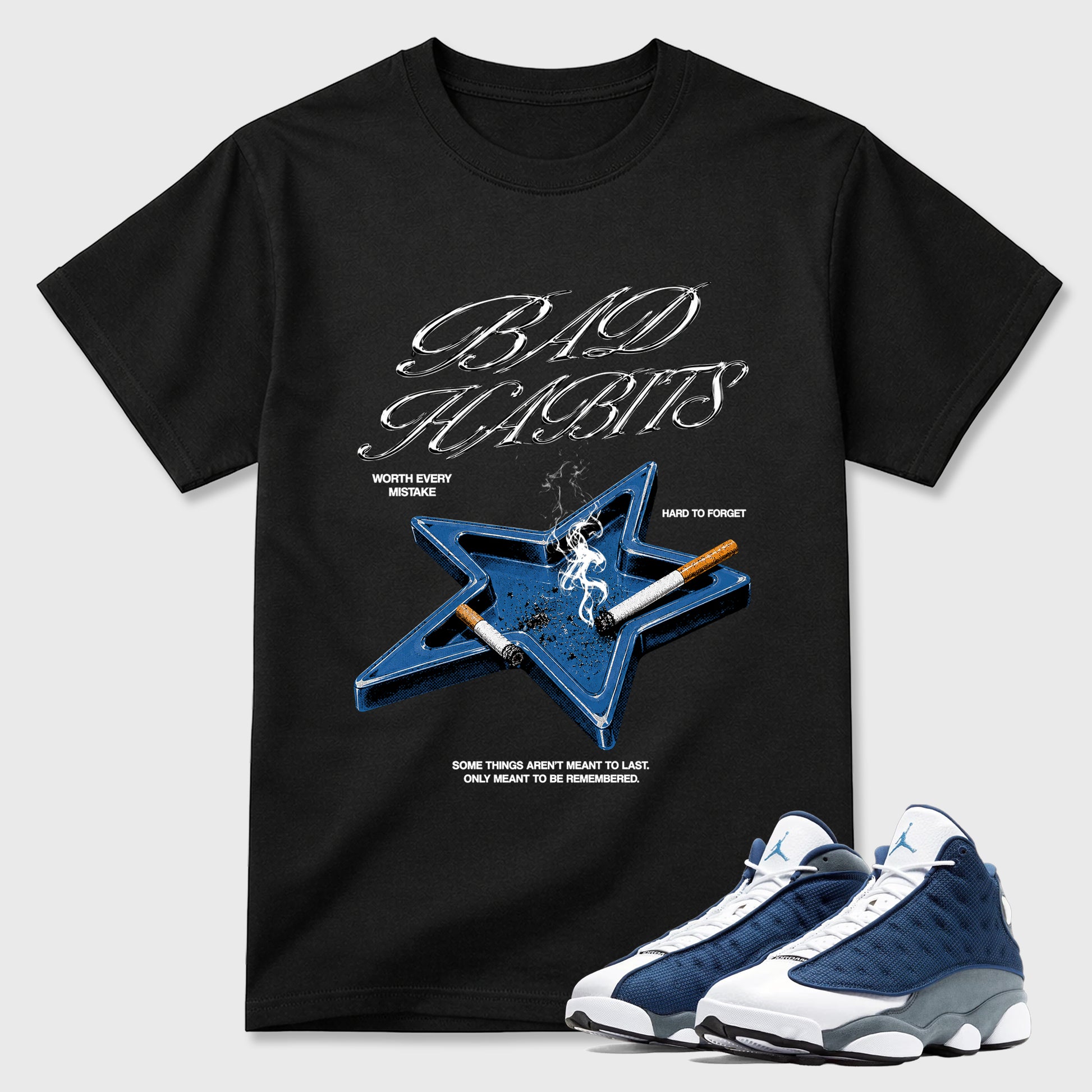 Bad Habits Graphic T-Shirt sneaker match tee designed for the Air Jordan 13 Flint, featuring coordinated color options for a perfect streetwear match. Black 1 shirt.