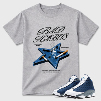 Bad Habits Graphic T-Shirt sneaker match tee designed for the Air Jordan 13 Flint, featuring coordinated color options for a perfect streetwear match. Heather Grey 1 shirt.