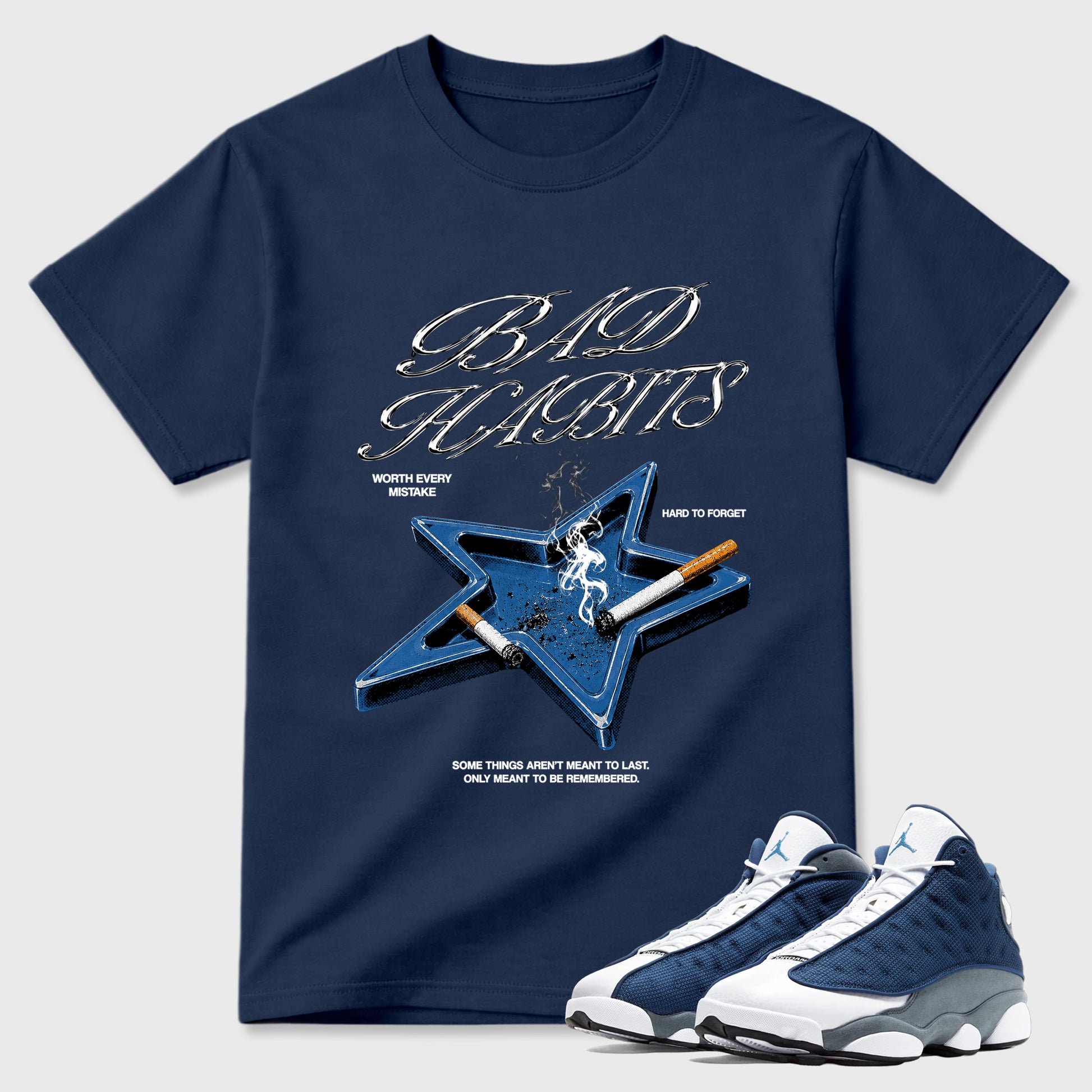 Bad Habits Graphic T-Shirt sneaker match tee designed for the Air Jordan 13 Flint, featuring coordinated color options for a perfect streetwear match. Navy 1 shirt.