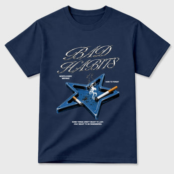 Bad Habits Graphic T-Shirt sneaker match tee designed for the Air Jordan 13 Flint, featuring coordinated color options for a perfect streetwear match. Navy 2 shirt.