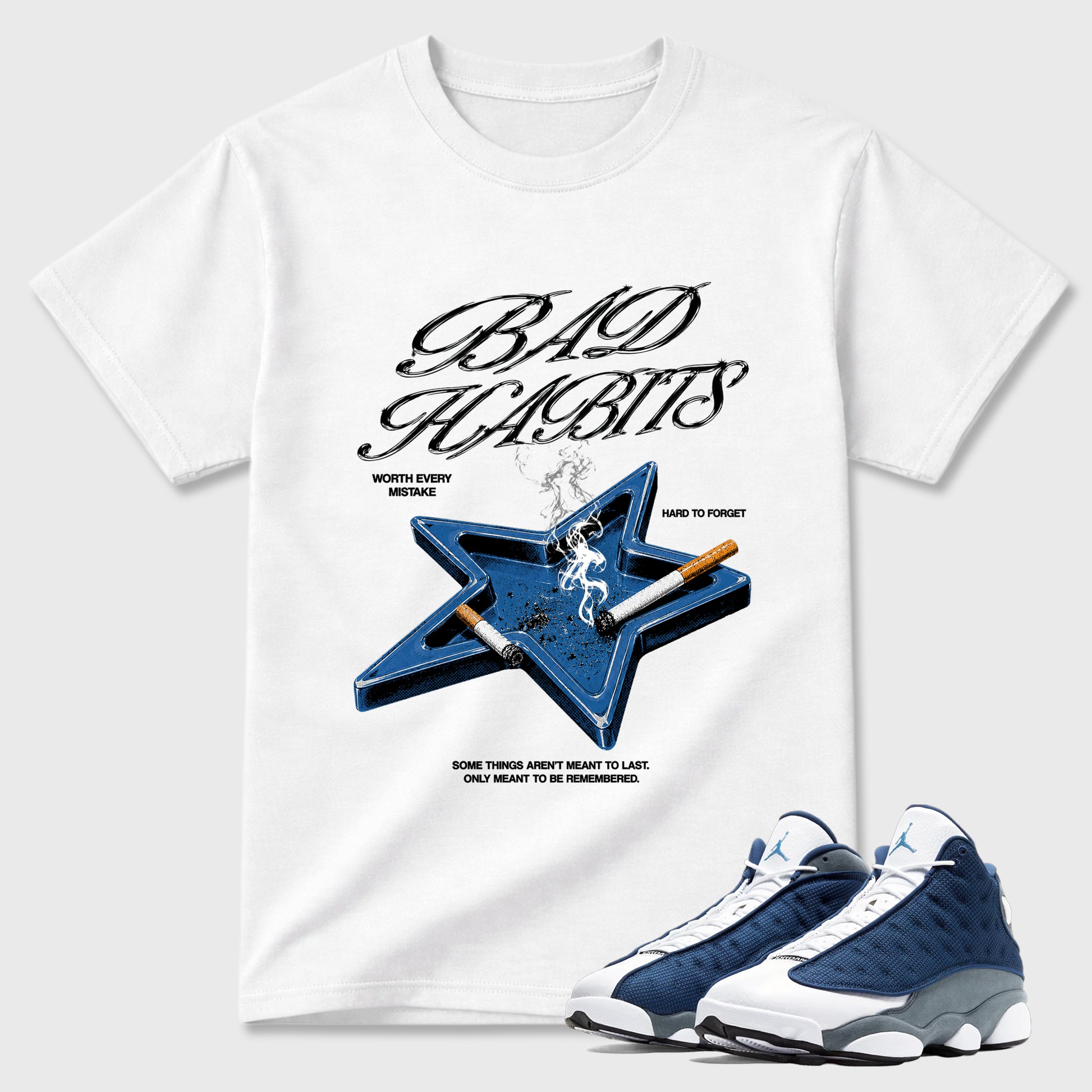 Bad Habits Graphic T-Shirt sneaker match tee designed for the Air Jordan 13 Flint, featuring coordinated color options for a perfect streetwear match. White 1 shirt.