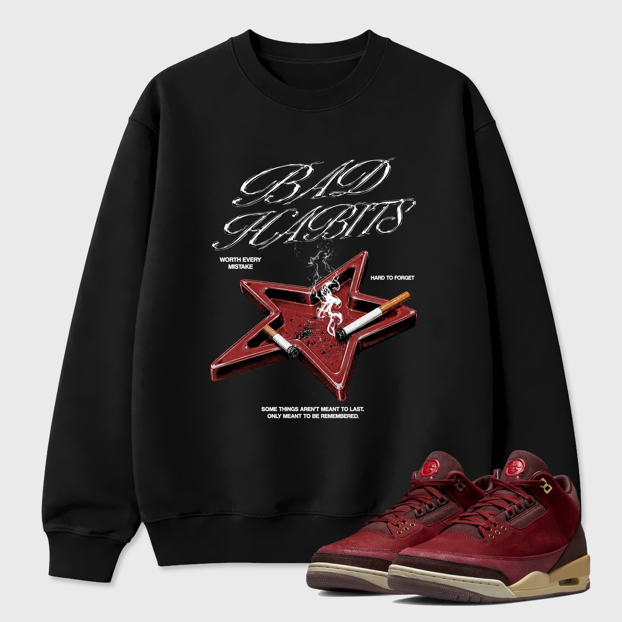 Bad Habits Graphic T-Shirt sneaker match tee designed for the Air Jordan 3 Bin 23, featuring coordinated color options for a perfect streetwear match. Black 1 shirt.