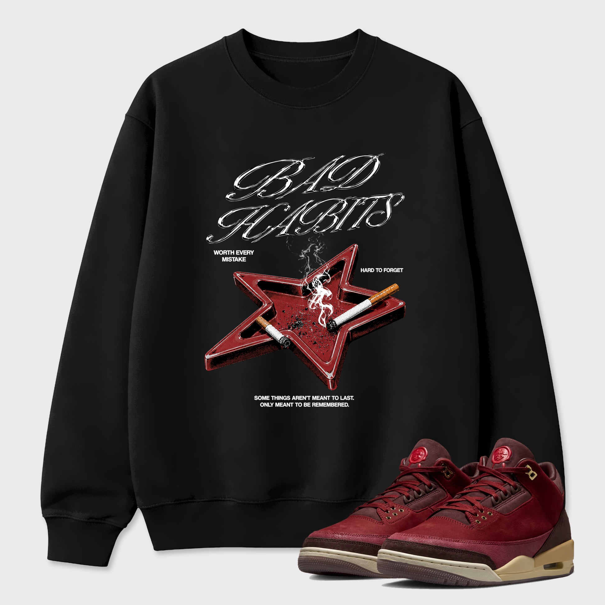 Bad Habits Graphic T-Shirt sneaker match tee designed for the Air Jordan 3 Bin 23, featuring coordinated color options for a perfect streetwear match. Black 1 shirt.