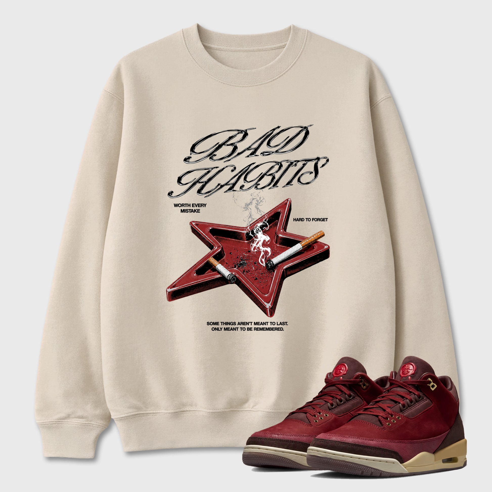 Bad Habits Graphic T-Shirt sneaker match tee designed for the Air Jordan 3 Bin 23, featuring coordinated color options for a perfect streetwear match. Natural 1 shirt.