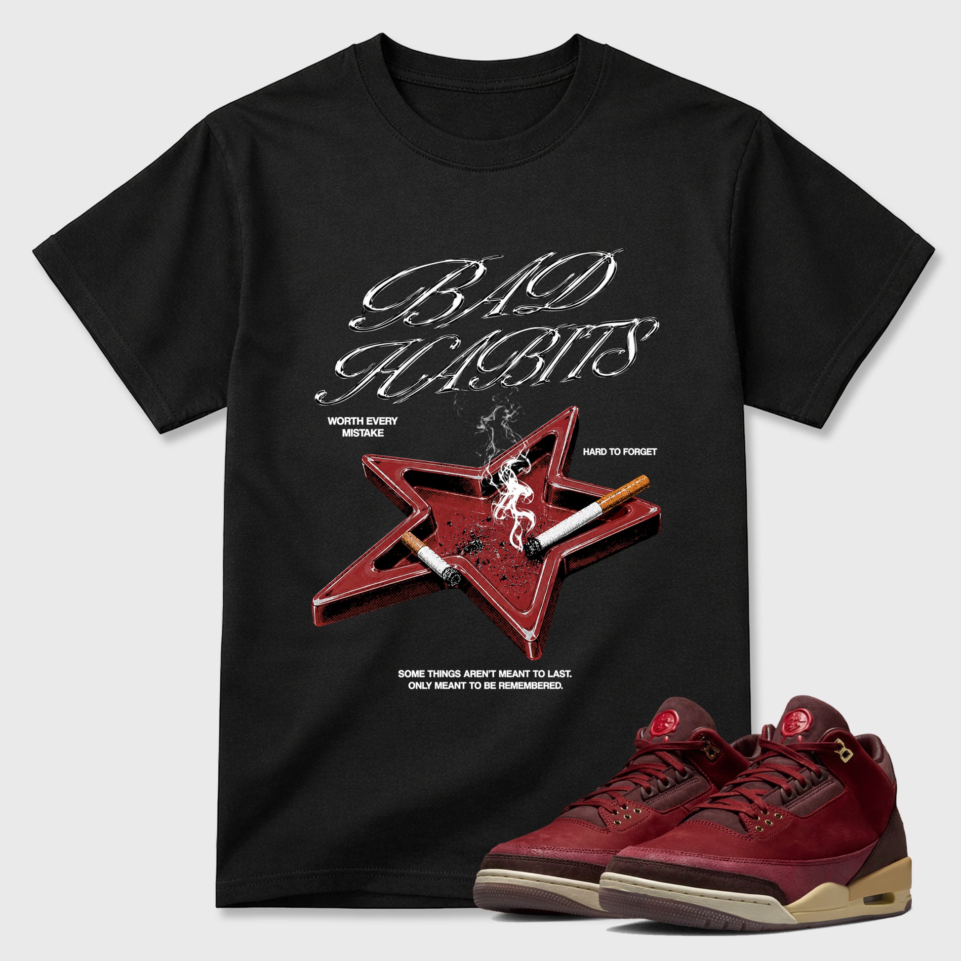 Bad Habits Graphic T-Shirt sneaker match tee designed for the Air Jordan 3 Bin 23, featuring coordinated color options for a perfect streetwear match. Black 1 shirt.