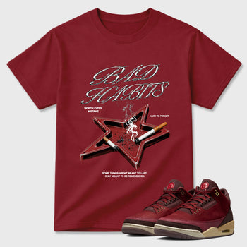 Bad Habits Graphic T-Shirt sneaker match tee designed for the Air Jordan 3 Bin 23, featuring coordinated color options for a perfect streetwear match. Cardinal 1 shirt.