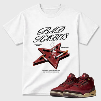 Bad Habits Graphic T-Shirt sneaker match tee designed for the Air Jordan 3 Bin 23, featuring coordinated color options for a perfect streetwear match. White 1 shirt.