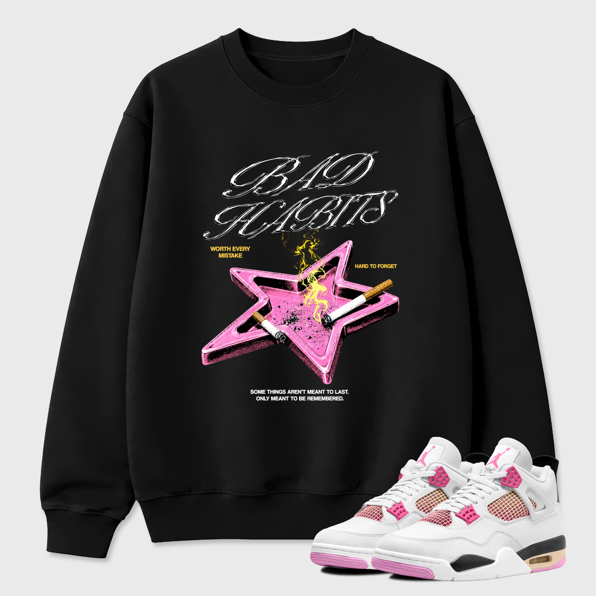 Bad Habits Graphic T-Shirt sneaker match tee designed for the Air Jordan 4 Comic, featuring coordinated color options for a perfect streetwear match. Black 1 shirt.