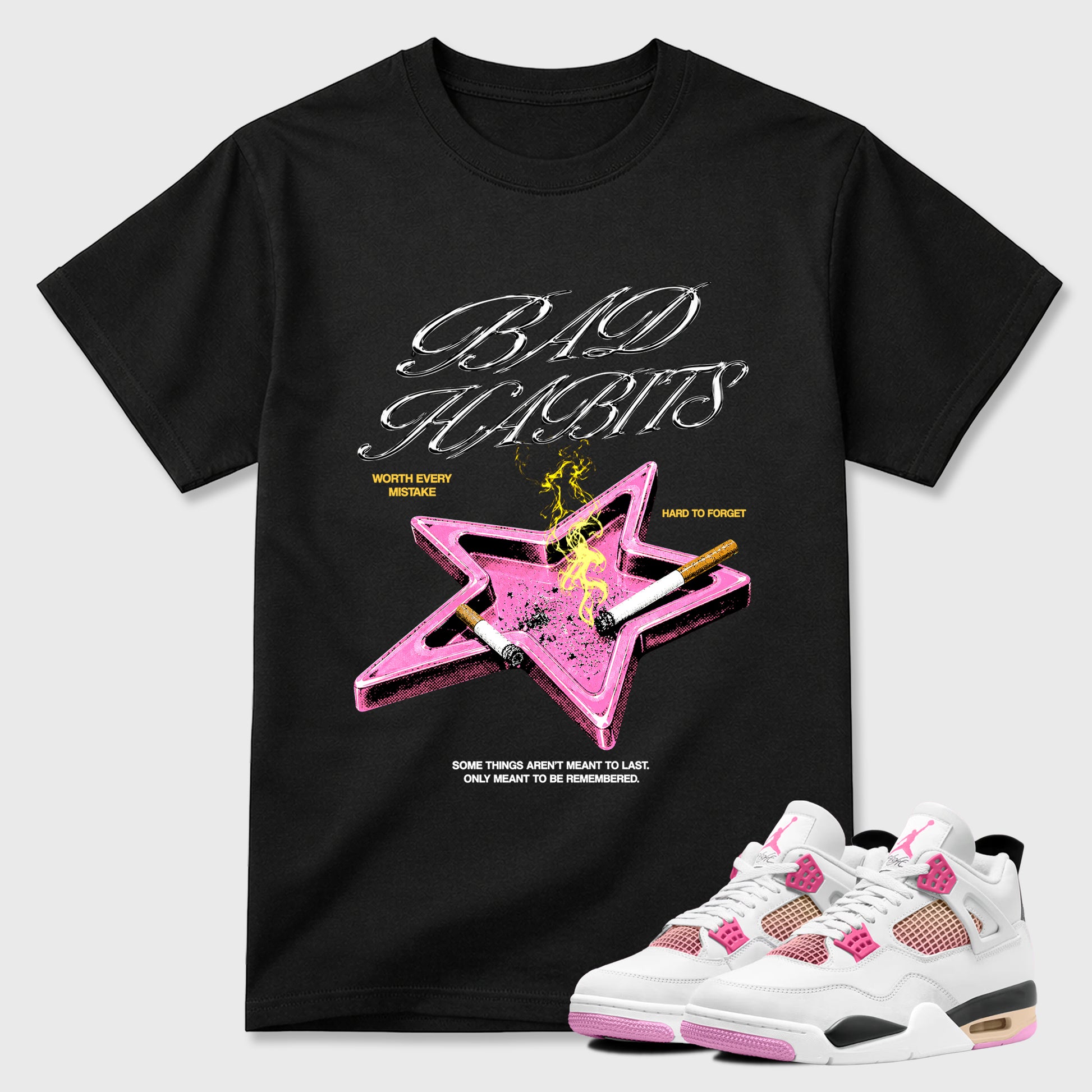 Bad Habits Graphic T-Shirt sneaker match tee designed for the Air Jordan 4 Comic, featuring coordinated color options for a perfect streetwear match. Black 1 shirt.