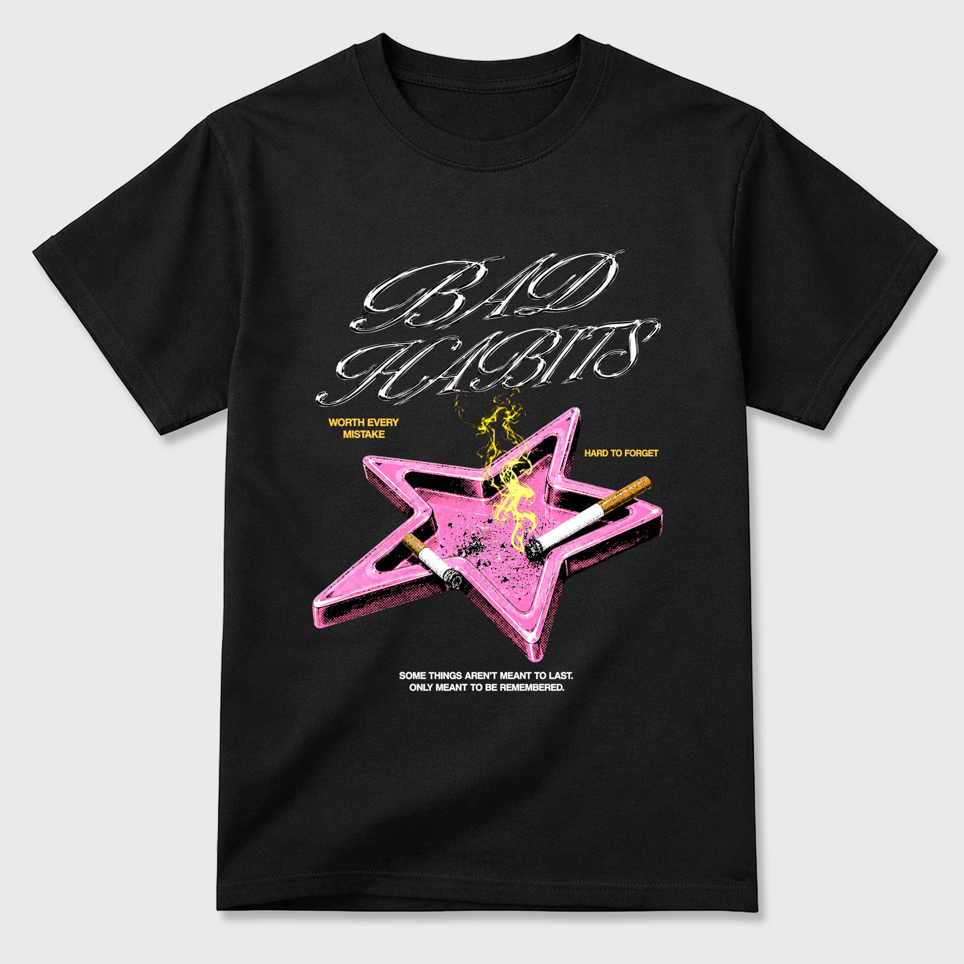 Bad Habits Graphic T-Shirt sneaker match tee designed for the Air Jordan 4 Comic, featuring coordinated color options for a perfect streetwear match. Black 2 shirt.