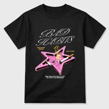 Bad Habits Graphic T-Shirt sneaker match tee designed for the Air Jordan 4 Comic, featuring coordinated color options for a perfect streetwear match. Black 2 shirt.