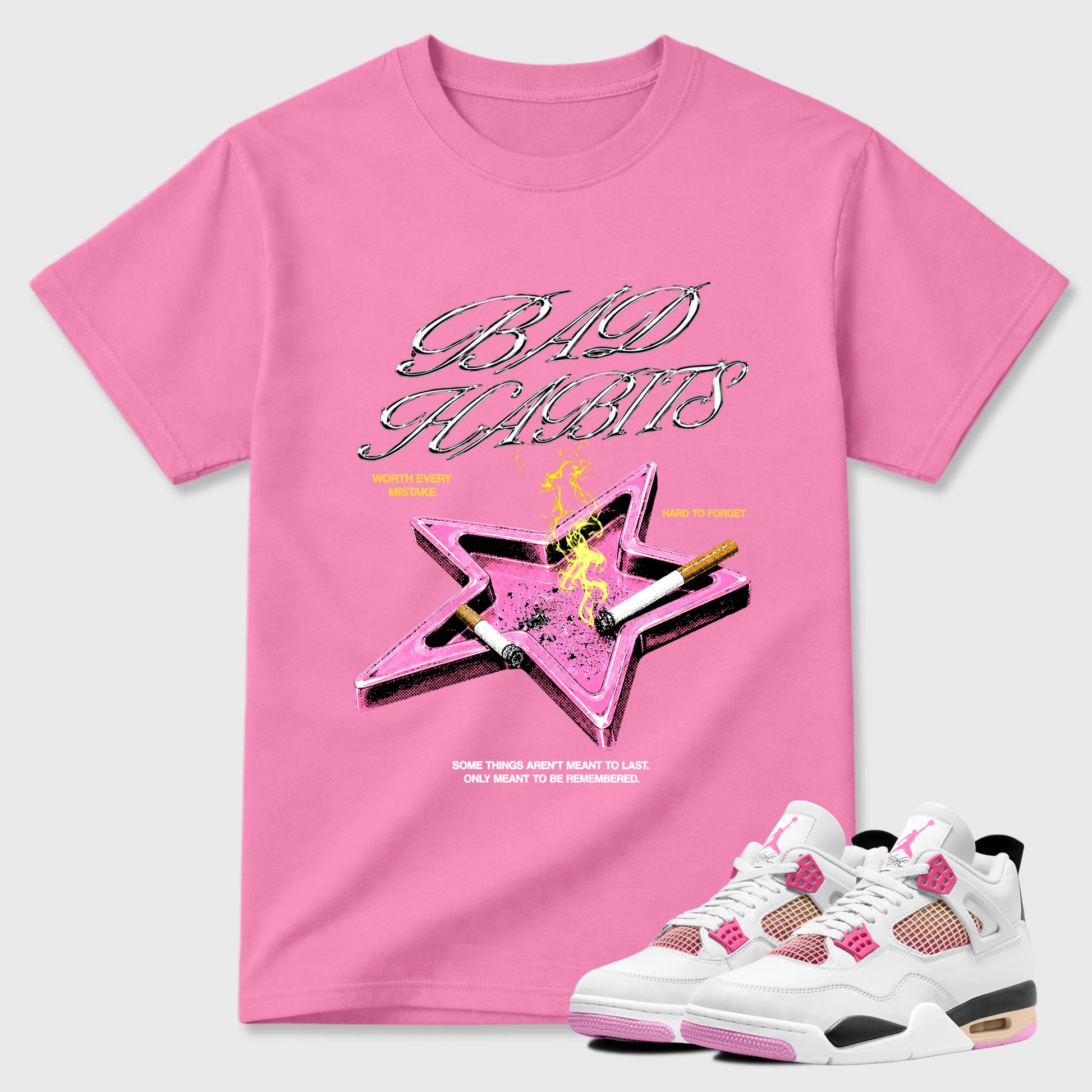 Bad Habits Graphic T-Shirt sneaker match tee designed for the Air Jordan 4 Comic, featuring coordinated color options for a perfect streetwear match. Bubble Gum 1 shirt.