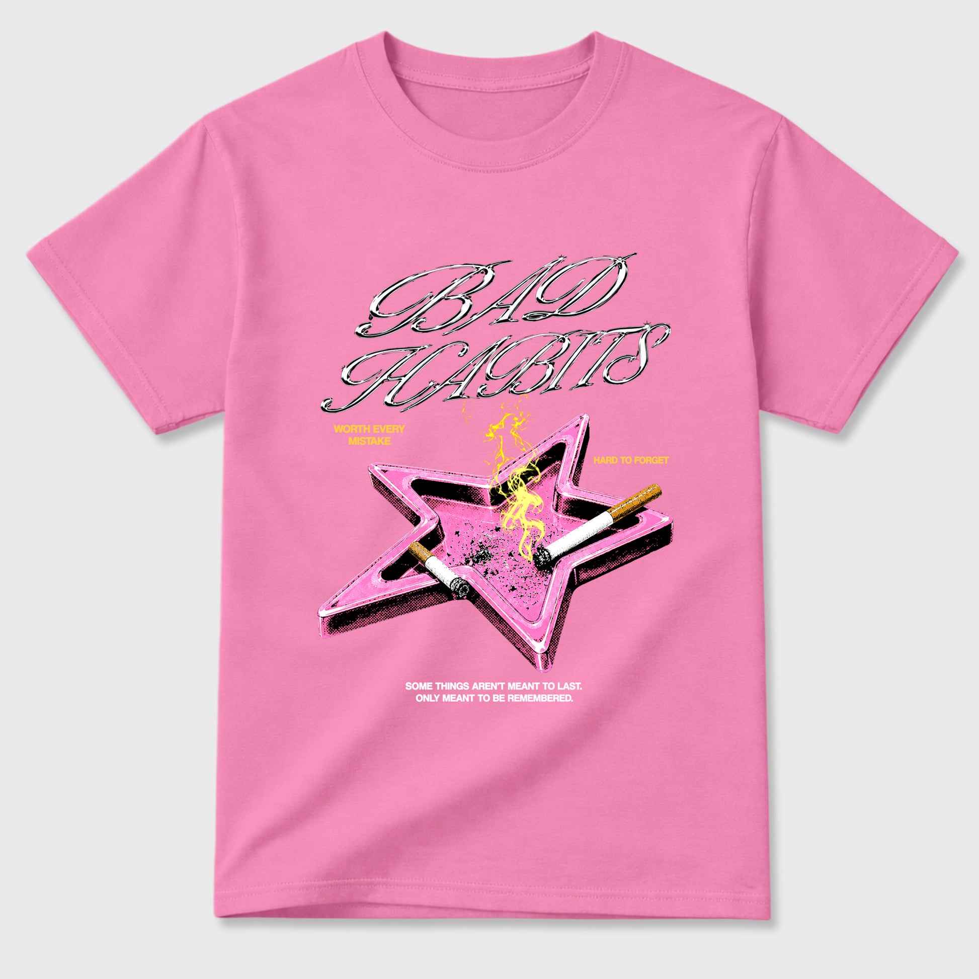 Bad Habits Graphic T-Shirt sneaker match tee designed for the Air Jordan 4 Comic, featuring coordinated color options for a perfect streetwear match. Bubble Gum 2 shirt.