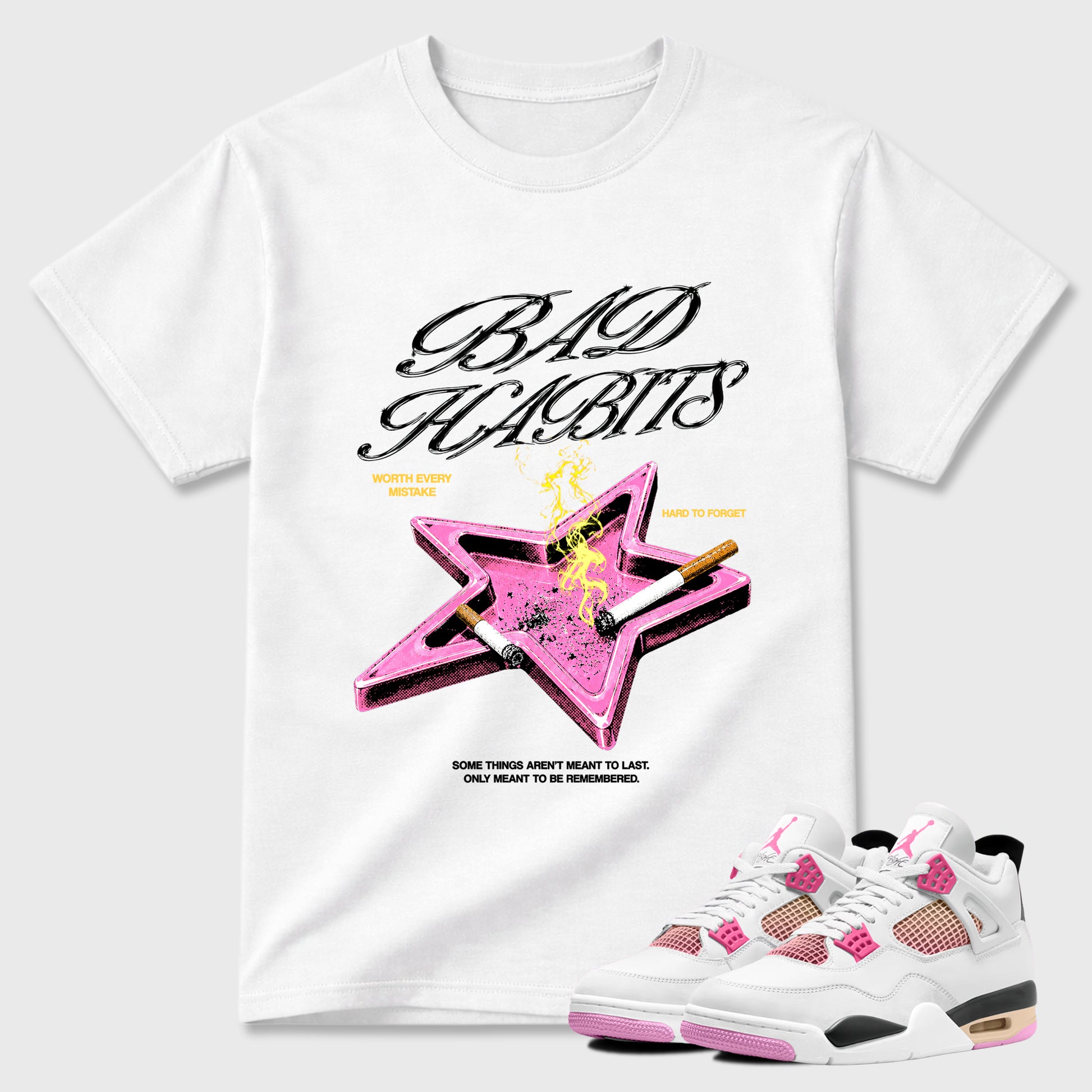 Bad Habits Graphic T-Shirt sneaker match tee designed for the Air Jordan 4 Comic, featuring coordinated color options for a perfect streetwear match. White 1 shirt.
