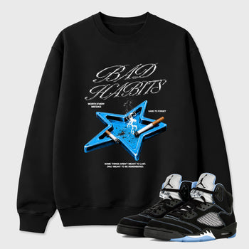 Bad Habits Graphic T-Shirt sneaker match tee designed for the Air Jordan 5 Black University Blue, featuring coordinated color options for a perfect streetwear match. Black 1 shirt.
