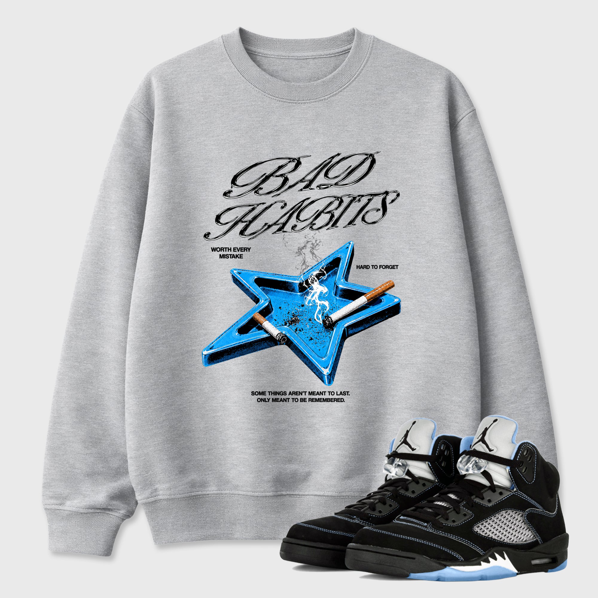 Bad Habits Graphic T-Shirt sneaker match tee designed for the Air Jordan 5 Black Carolina, featuring coordinated color options for a perfect streetwear match. Heather Grey 1 shirt.