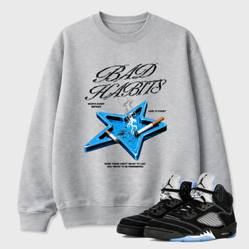 Bad Habits Graphic T-Shirt sneaker match tee designed for the Air Jordan 5 Black University Blue, featuring coordinated color options for a perfect streetwear match. Heather Grey 1 shirt.