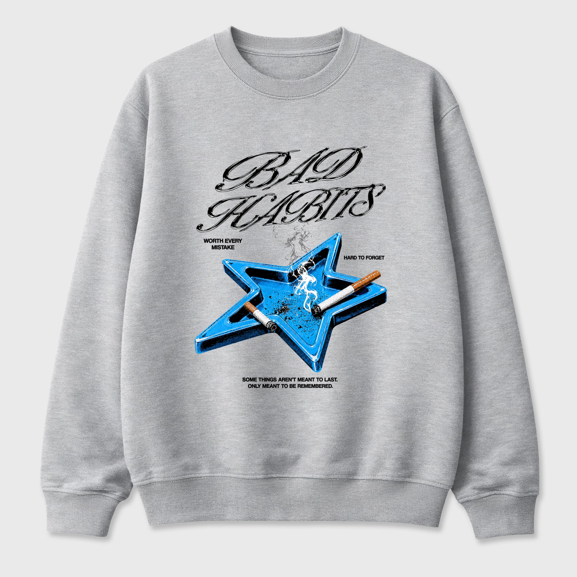 Bad Habits Graphic T-Shirt sneaker match tee designed for the Air Jordan 5 Black University Blue, featuring coordinated color options for a perfect streetwear match. Heather Grey 2 shirt.