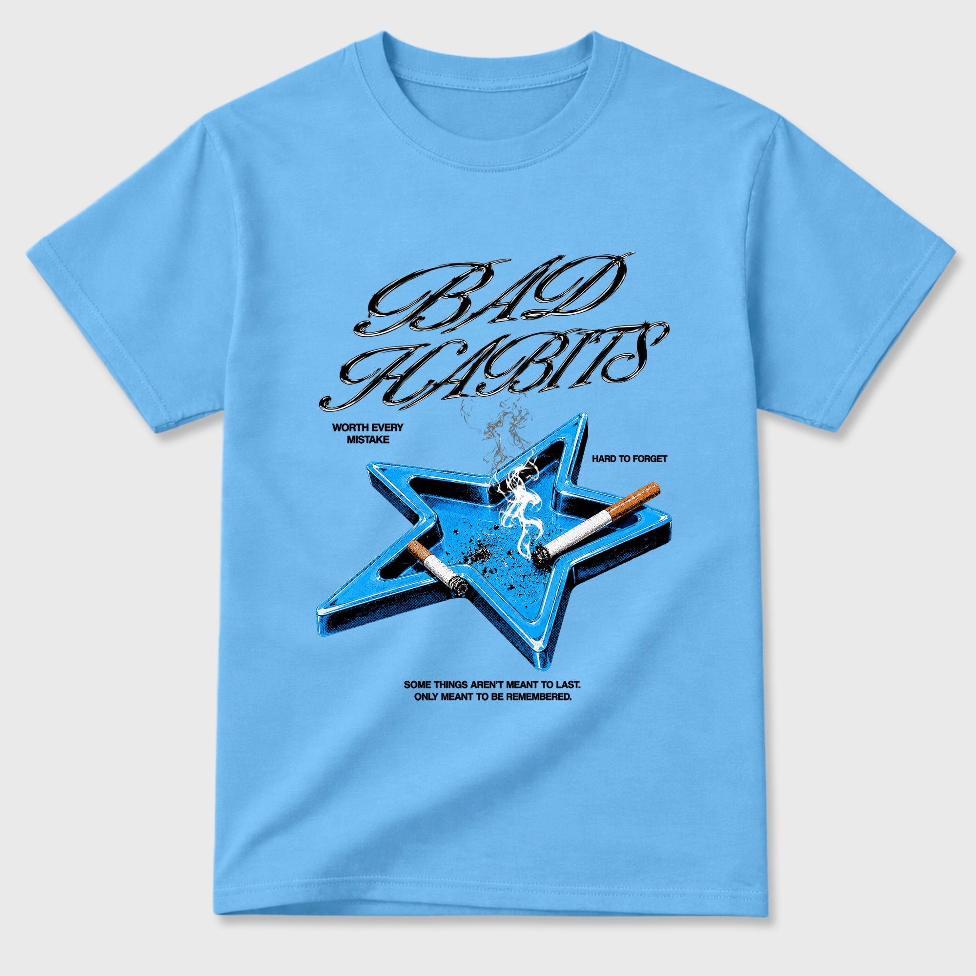 Bad Habits Graphic T-Shirt sneaker match tee designed for the Air Jordan 5 Black Carolina, featuring coordinated color options for a perfect streetwear match. Carolina Blue 2 shirt.