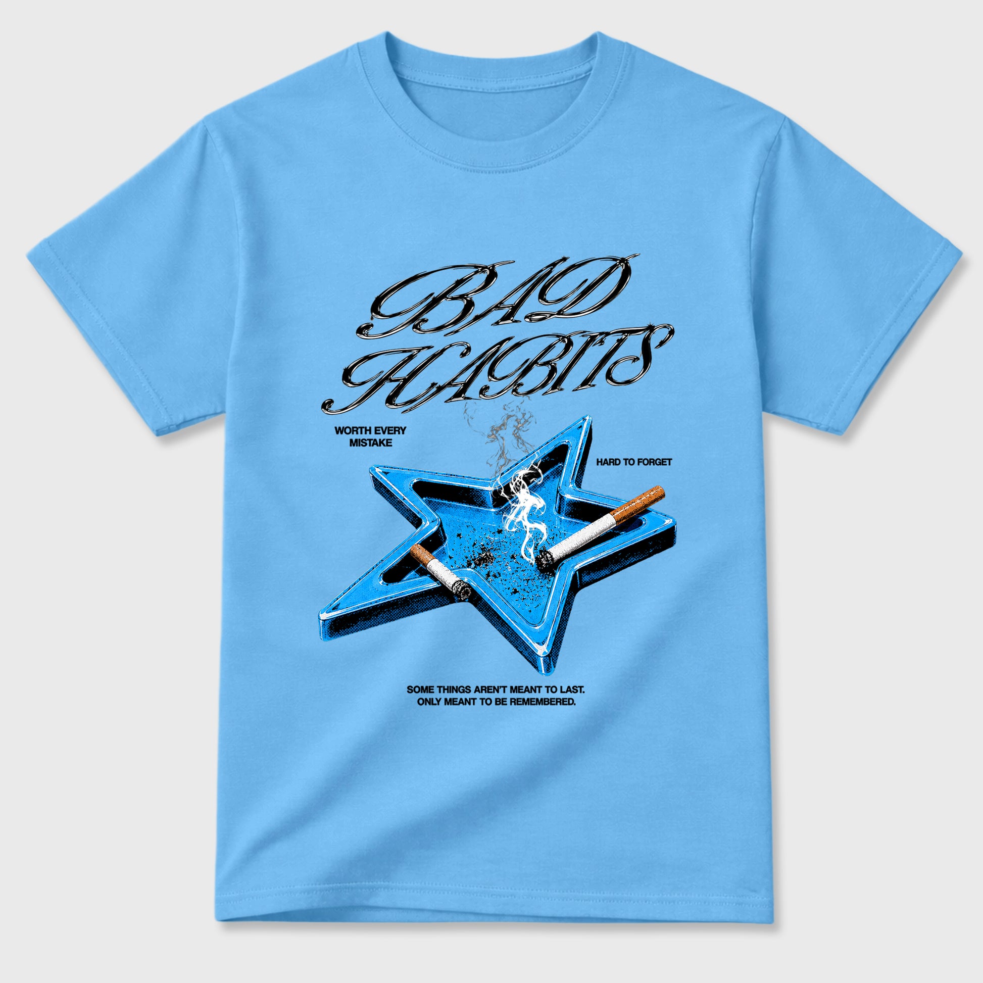 Bad Habits Graphic T-Shirt sneaker match tee designed for the Air Jordan 5 Black University Blue, featuring coordinated color options for a perfect streetwear match. Carolina Blue 2 shirt.