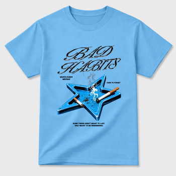 Bad Habits Graphic T-Shirt sneaker match tee designed for the Air Jordan 5 Black University Blue, featuring coordinated color options for a perfect streetwear match. Carolina Blue 2 shirt.